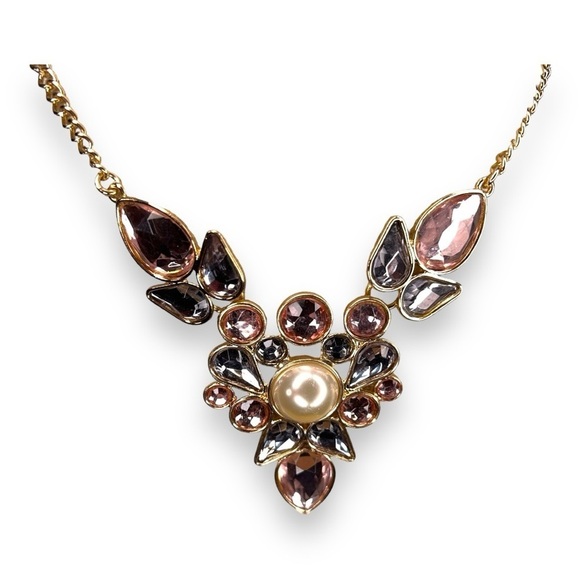 VINTAGE 90s AVON NECKLACE GOLD PINK GEM STATEMENT EVENT PARTY WEDDING - Picture 1 of 9
